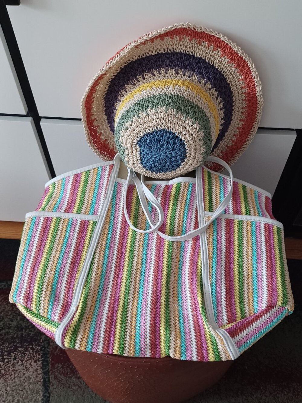 asos design colorful summer tote and handmade hat